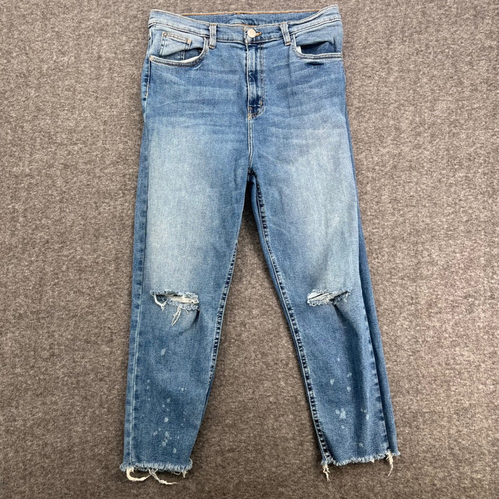 BDG Urban Outfitters Girlfriend Jeans 32W‎ Distressed Bleach Splatter Blue Denim